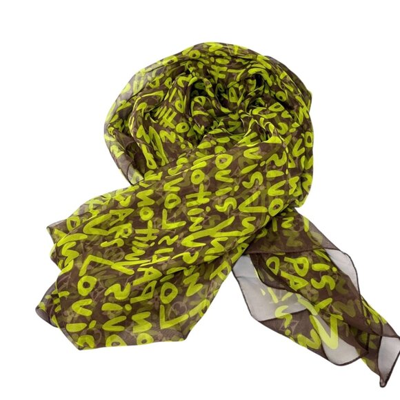 LOUIS VUITTON Vintage LV Monogram Logo Graffiti Scarf Green Brown Silk [106311] - Picture 9 of 10